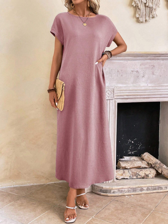 EMERY ROSE Ladies' Long Spring Pink Round Neck Batwing Sleeve Dress