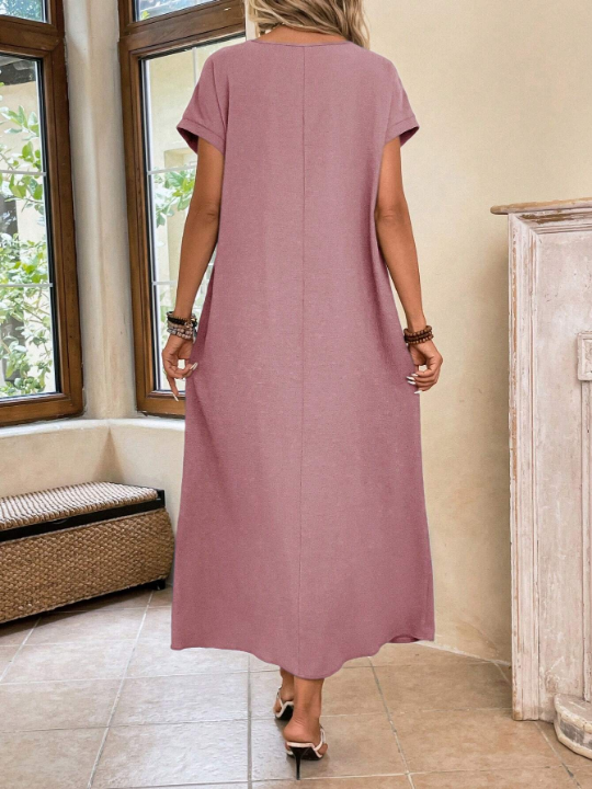 EMERY ROSE Ladies' Long Spring Pink Round Neck Batwing Sleeve Dress