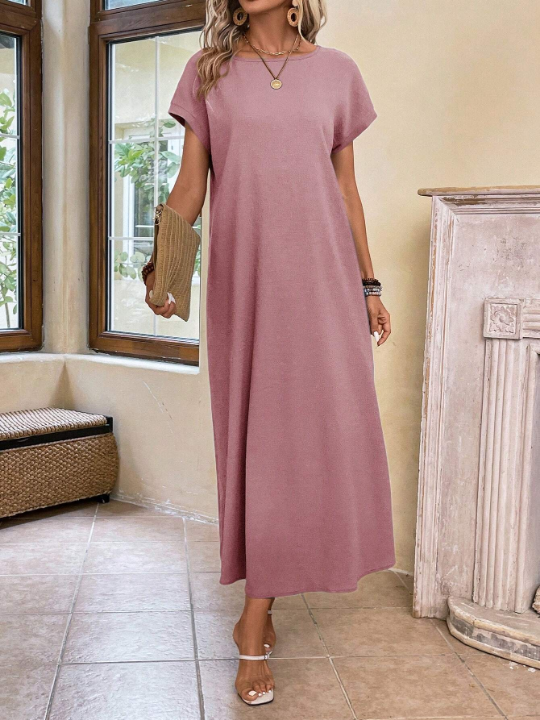 EMERY ROSE Ladies' Long Spring Pink Round Neck Batwing Sleeve Dress