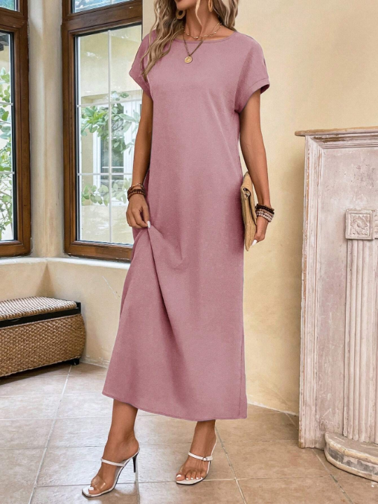 EMERY ROSE Ladies' Long Spring Pink Round Neck Batwing Sleeve Dress