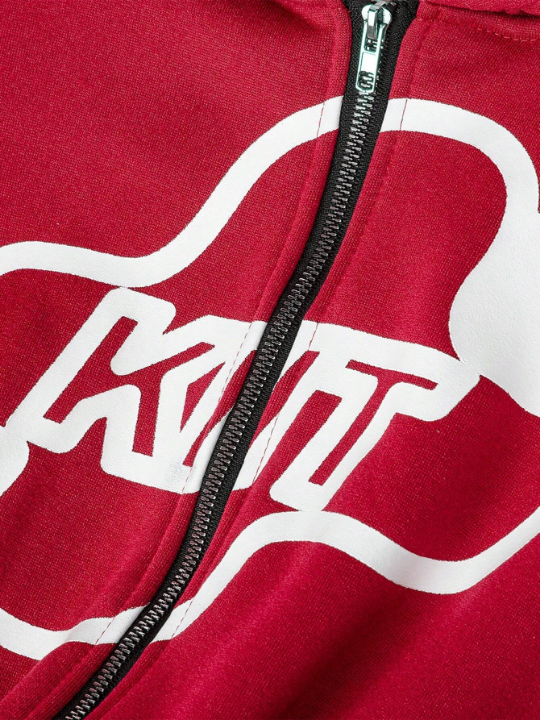 Manfinity Homme Loose Men's Letter Printed Zip-Up Hoodie With Adjustable Drawstring