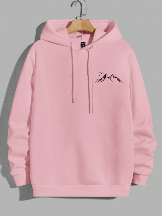 Cottnline Men's Mountain And Bird Printed Hooded Sweatshirt With Drawstring