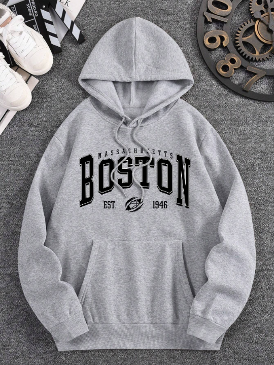 Men's Boston Letter Printed Hoodie Sweatshirt