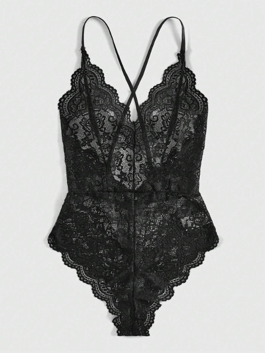 Sweetness Women's Sexy Deep V-neck Lace Bodysuit