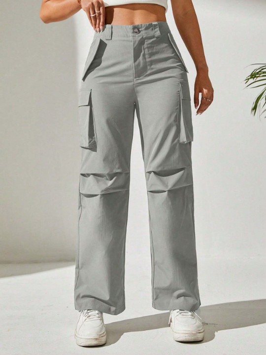 PETITE Women's Solid Color Flap Pocket Long Pants