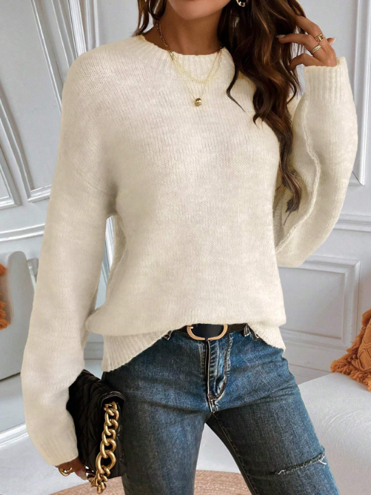 Essnce Women's Solid Color Round Neck Casual Drop Shoulder Sweater