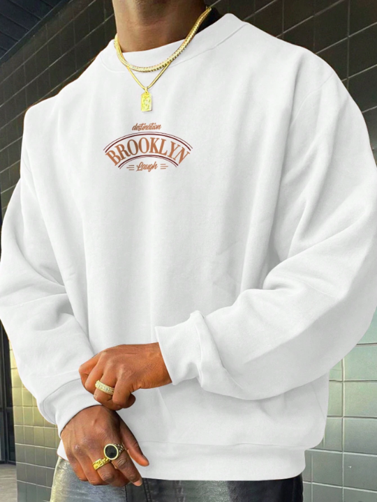 Men's Round Neck Casual Sweatshirt With Letter Print And Fleece Lining