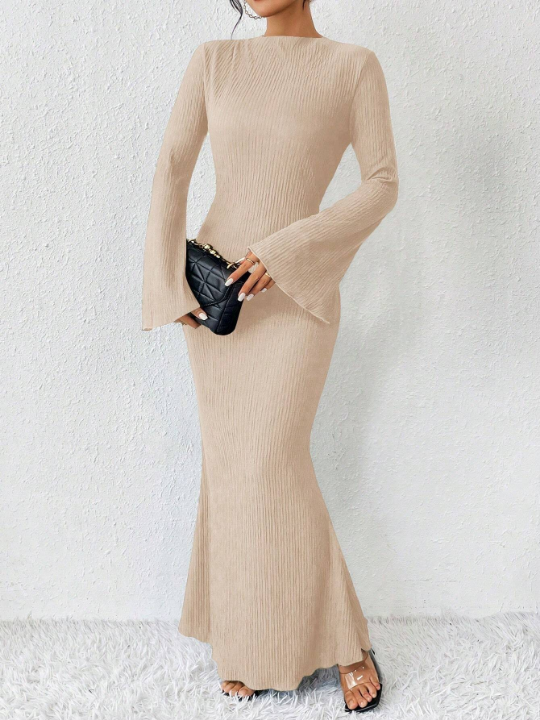 Priv Solid Color Trumpet Sleeves Mermaid Dress