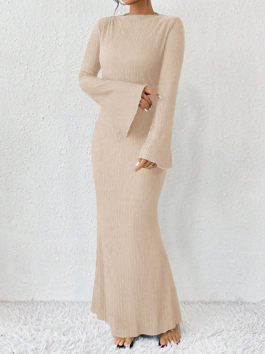 Priv Solid Color Trumpet Sleeves Mermaid Dress