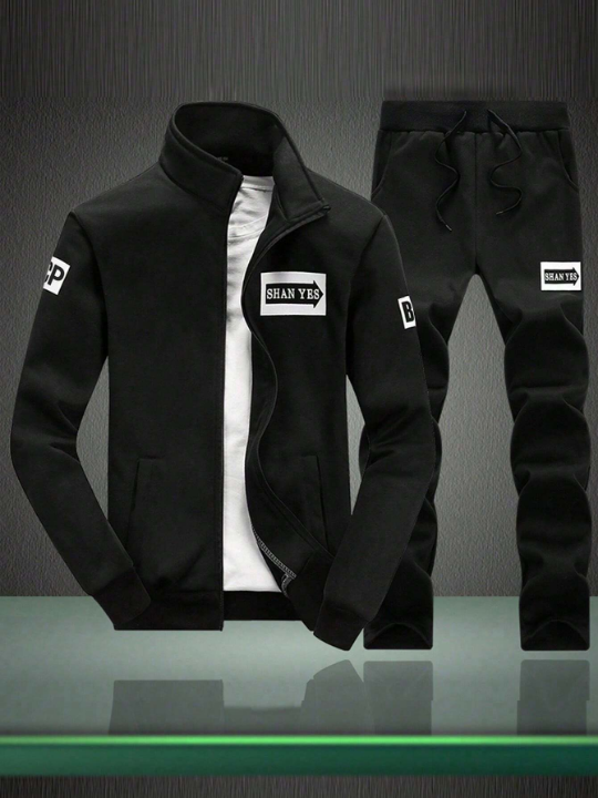 One Set Men's Stand Collar Front Zipper Jacket Sports Suit Gym Clothes Men, Athletic Suit, Tracksuit