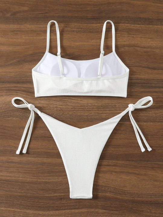 Solid Color Side Tie Cami Split Swimsuit