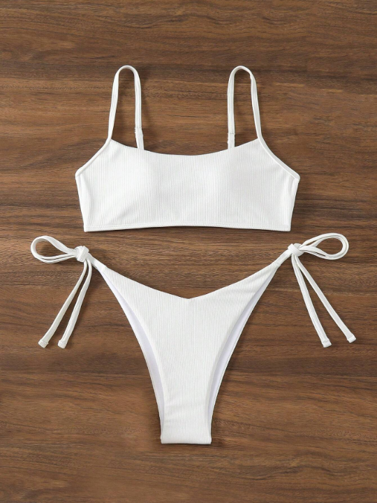 Solid Color Side Tie Cami Split Swimsuit