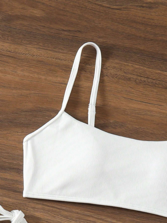 Solid Color Side Tie Cami Split Swimsuit