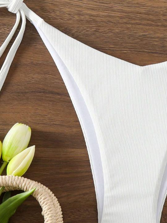 Solid Color Side Tie Cami Split Swimsuit