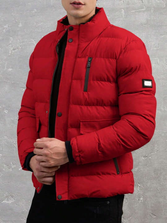 Men's Stand Collar Padded Coat With Patch Detail