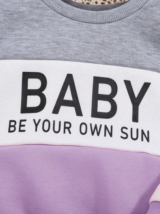 Baby Girl Casual Color Block Slogan Print Sweatshirt And Pants Set, Winter