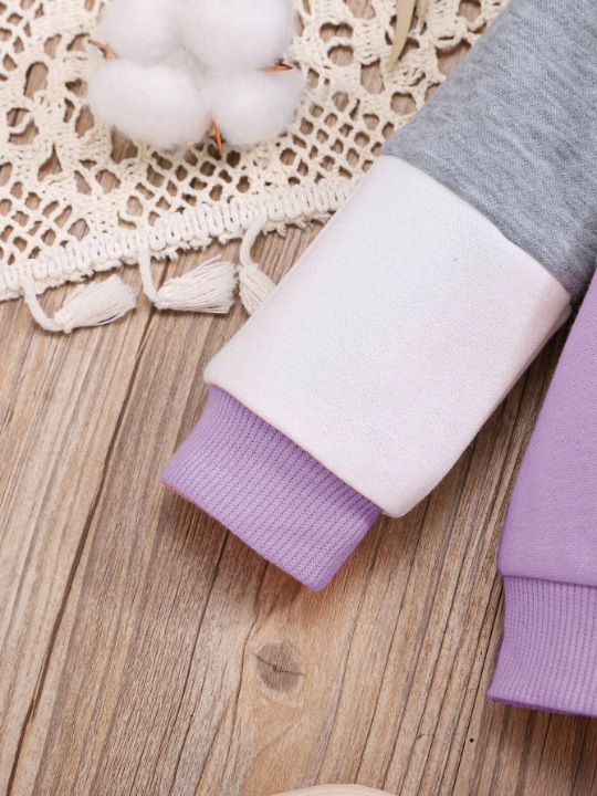 Baby Girl Casual Color Block Slogan Print Sweatshirt And Pants Set, Winter