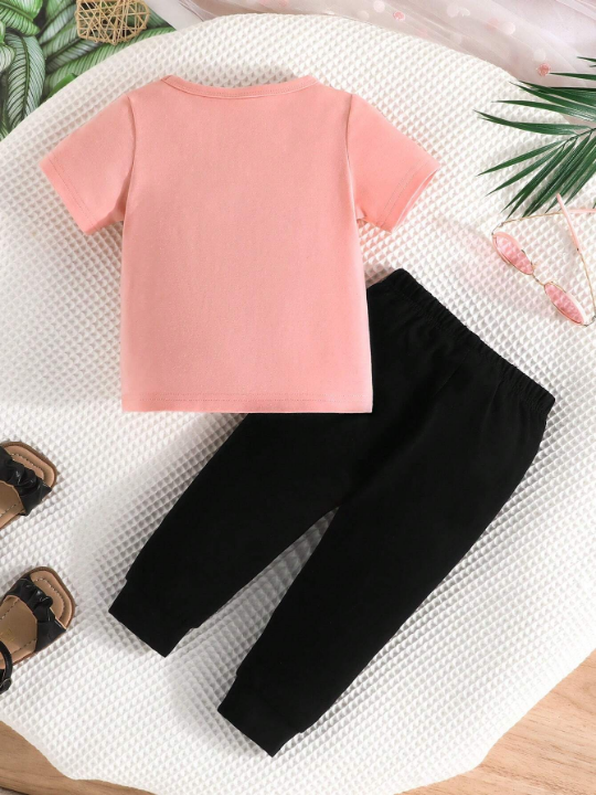 Baby Girls' Simple And Casual Spring/Summer New Unicorn Pattern Short Sleeve T-Shirt And Pants 2pcs Set