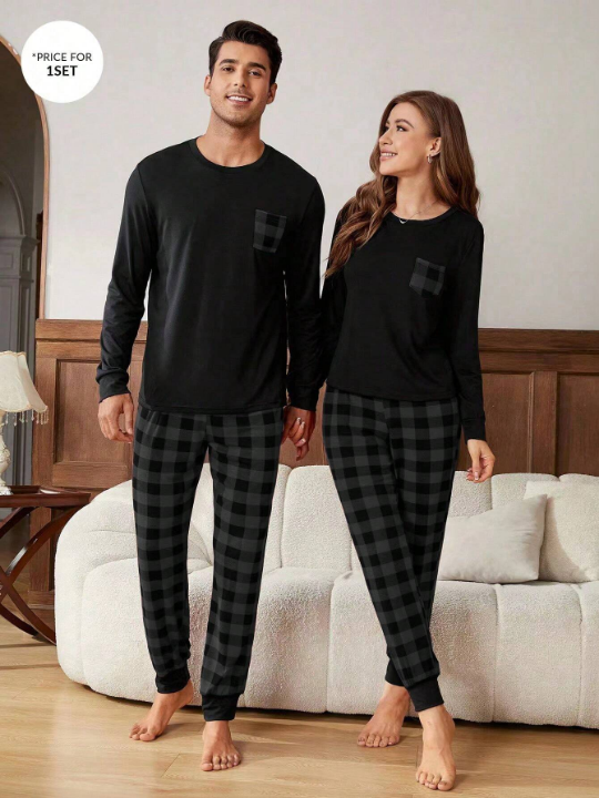 Men's 1pc Long Sleeve T-shirt And 1pc Plaid Trousers Loungewear Set