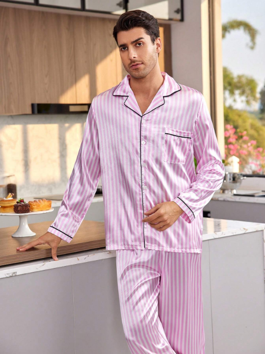 Men'S Color Block Striped Ribbed Satin Pajama Set