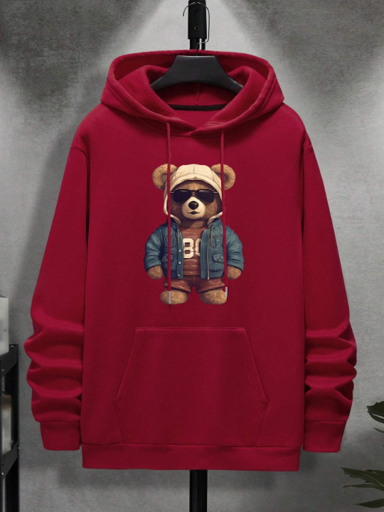 Men's Hooded Long Sleeve Sweatshirt With Bear Print