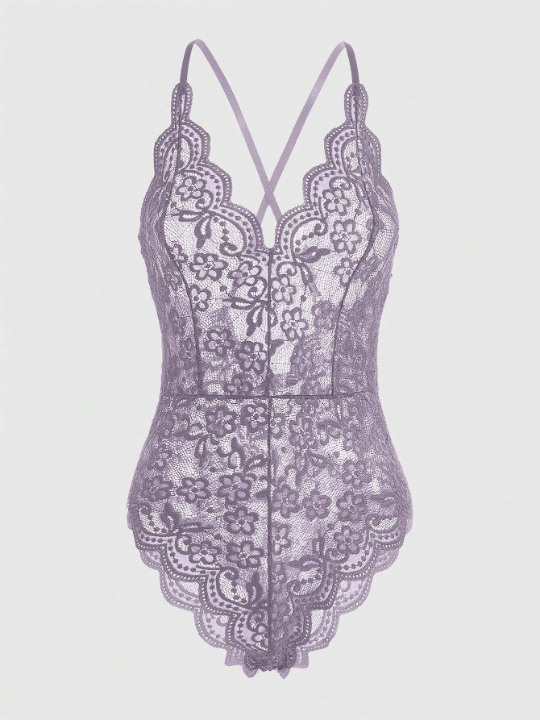 Cross Back Design Sexy Lace Bodysuit With Scalloped Hemline