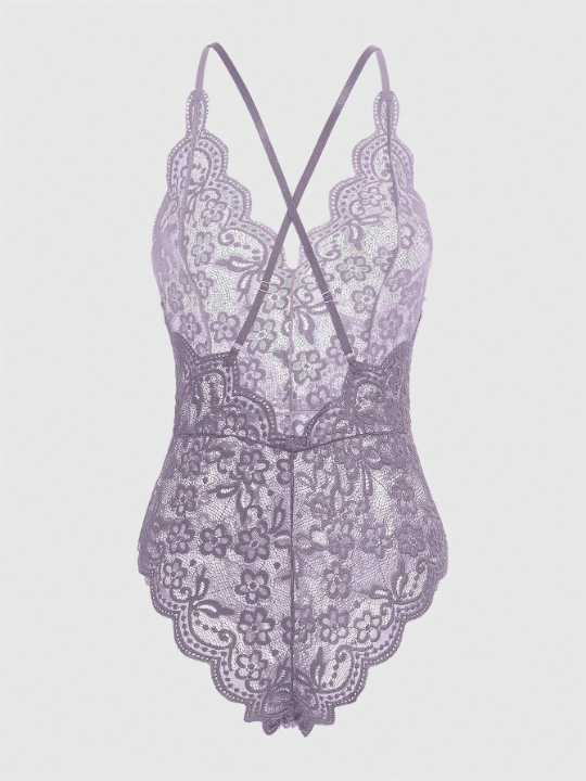 Cross Back Design Sexy Lace Bodysuit With Scalloped Hemline