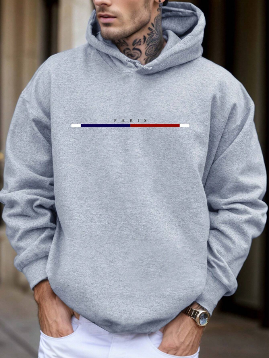 Men's Letter Printed Drawstring Hooded Fleece Sweatshirt