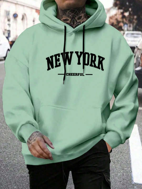 Manfinity Sporsity Men's Letter Print Hooded Sweatshirt With Drawstring