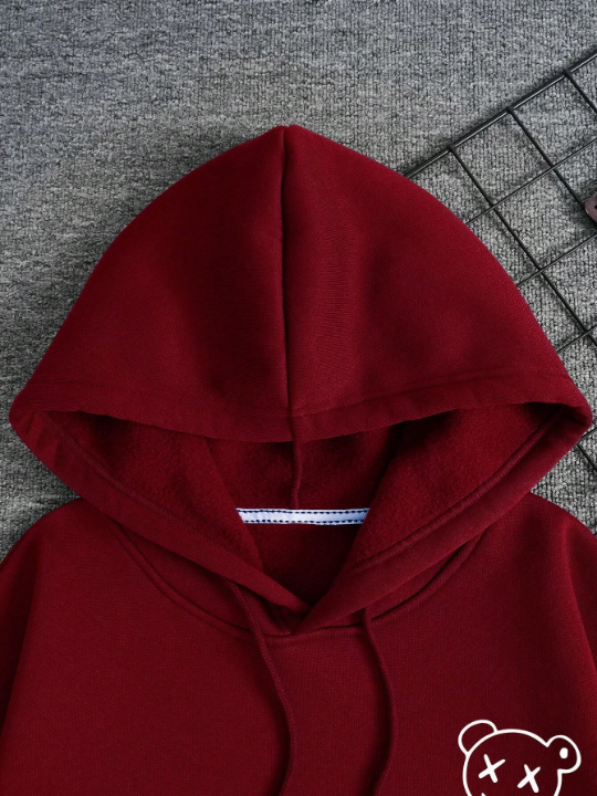 Men's Fleece Lined Hoodie With Bear Print And Drawstring