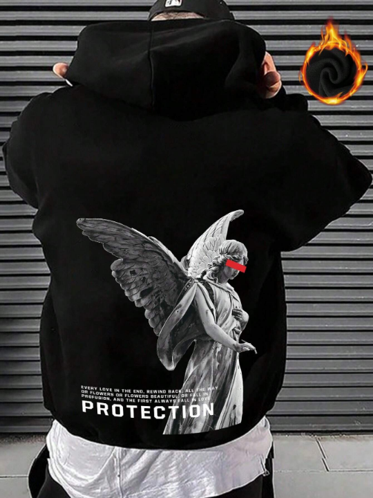 Manfinity EMRG Loose Men's Black Angel Pattern Hooded Drawstring Casual Sweatshirt