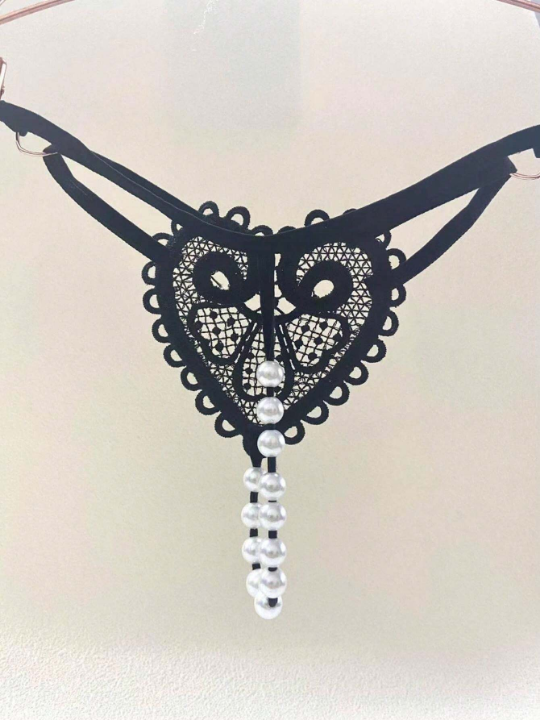 Vintage Pearl Heart Detail T-back Underwear For Women, Sexy & Tempting With Low Waist And Beaded Strap