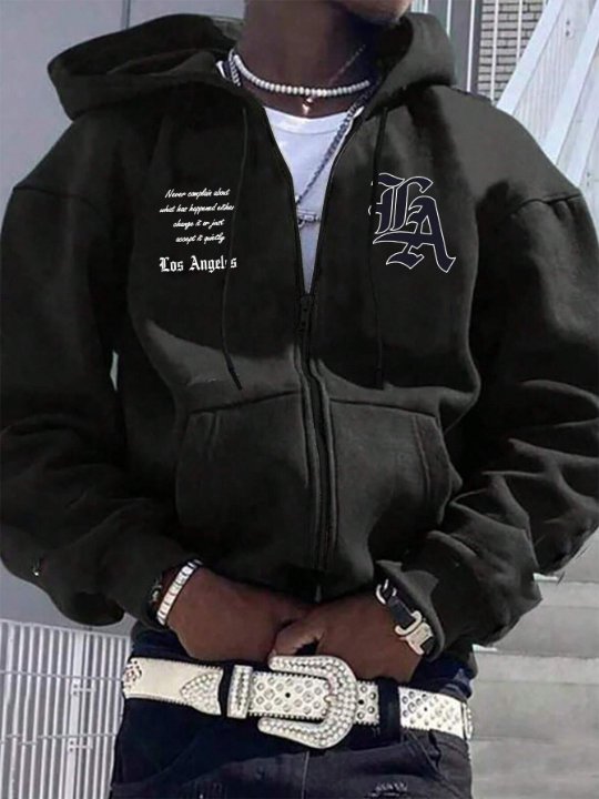 Manfinity Homme Loose Fit Men's Hooded Fleece Sweatshirt With Slogan Print And Drawstring