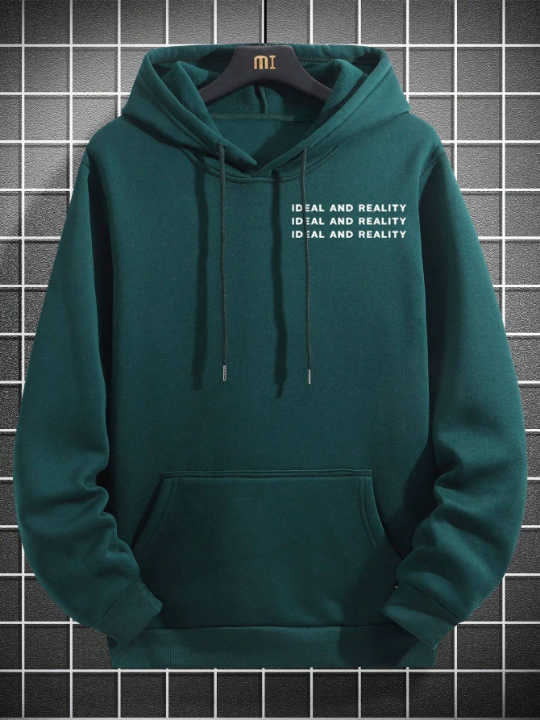 Manfinity Homme Loose Men's Letter Printed Kangaroo Pocket Drawstring Hoodie