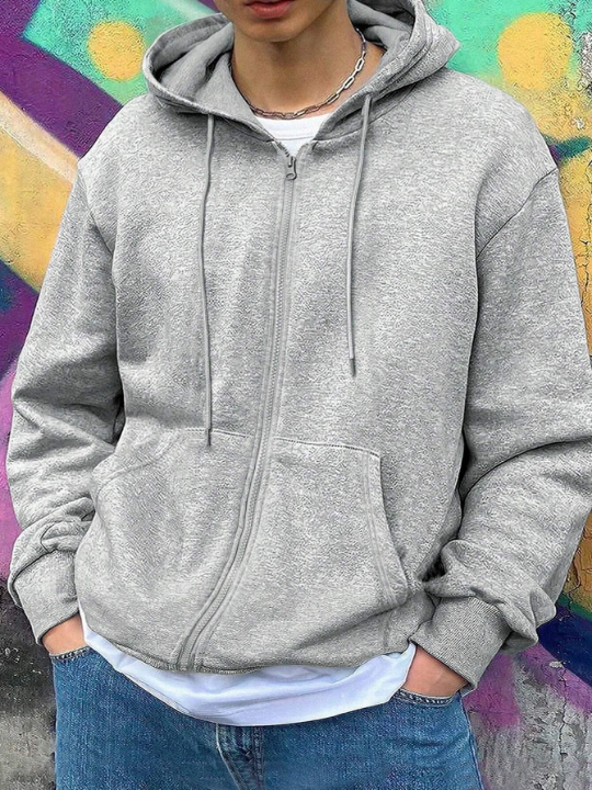 Men's Solid Color Zipper Drawstring Hooded Sweatshirt