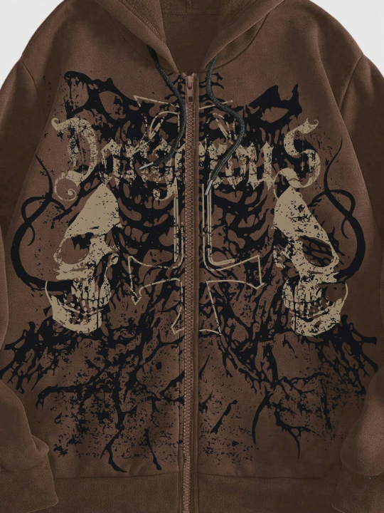 ROMWE Grunge Punk Men's Skull Letter Print Zipper Closure Hoodie, Long Sleeve