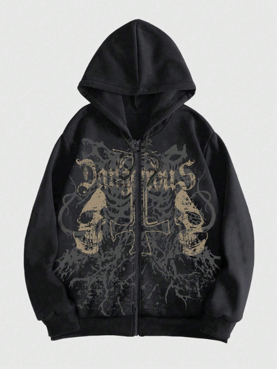 ROMWE Grunge Punk Men's Skull Letter Print Zip Up Hoodie With Long Sleeve
