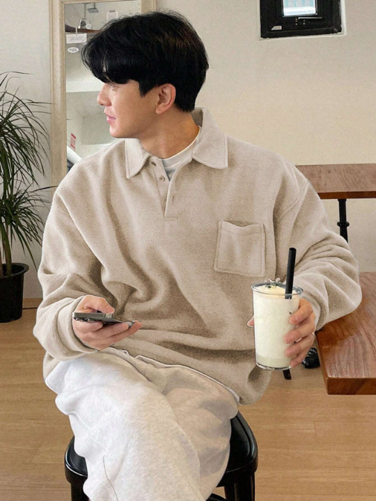 DAZY Men's Half Button Collarless Patch Pocket Sweater