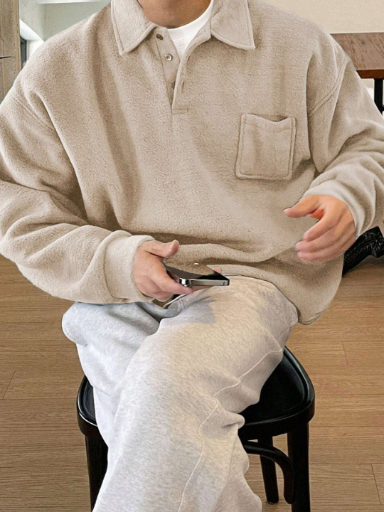 DAZY Men's Half Button Collarless Patch Pocket Sweater