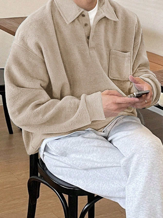 DAZY Men's Half Button Collarless Patch Pocket Sweater