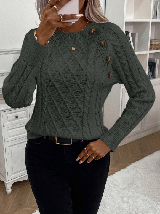 LUNE Women'S Solid Color Button Closure Raglan Sleeve Sweater