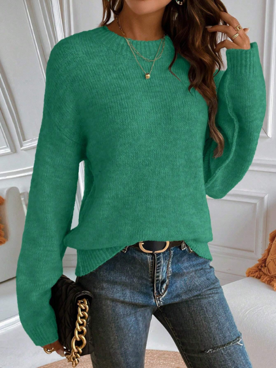 Essnce Women's Solid Color Round Neck Drop Shoulder Casual Sweater