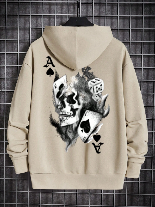 Men's Oversized Playing Card & Skull Print Hooded Sweatshirt