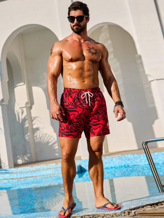 Manfinity Swimmode Men'S Abstract Fluid Print Drawstring Beach Shorts