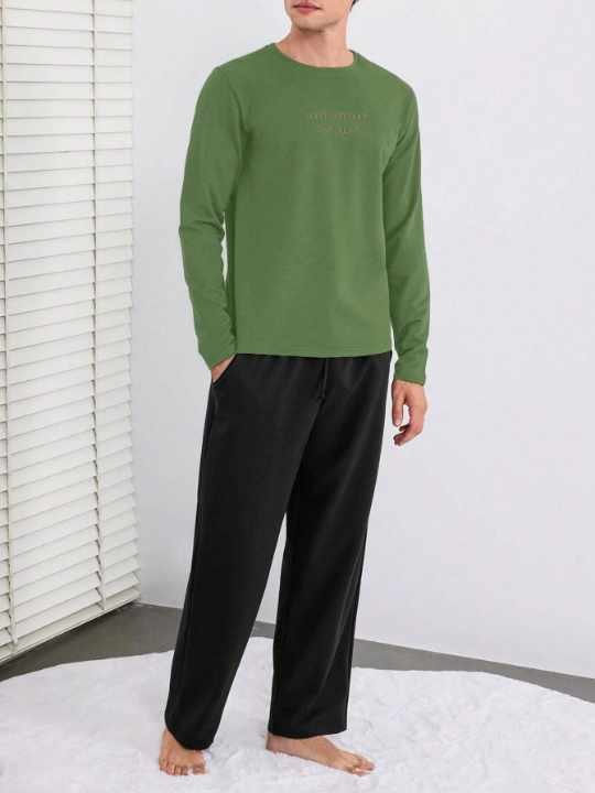 Cottnline Men's Letter Print Long Sleeve Long Pants Homewear Set