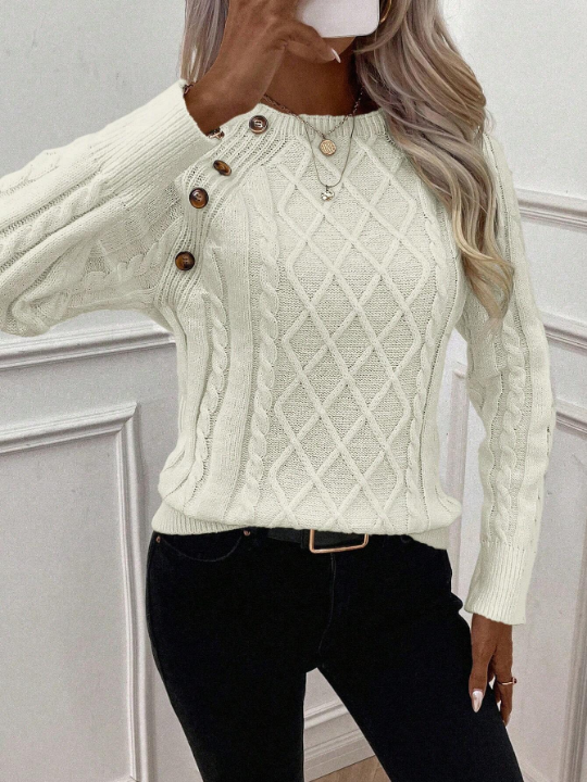 LUNE Round Neck Button Detail Raglan Sleeve Sweater
