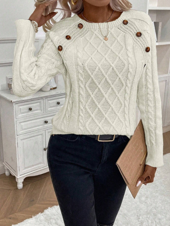 LUNE Round Neck Button Detail Raglan Sleeve Sweater