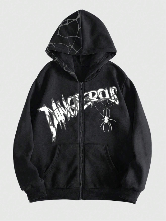 ROMWE Grunge Punk Men's Spider & Letter Print Solid Color Hoodie With Fleece Lining