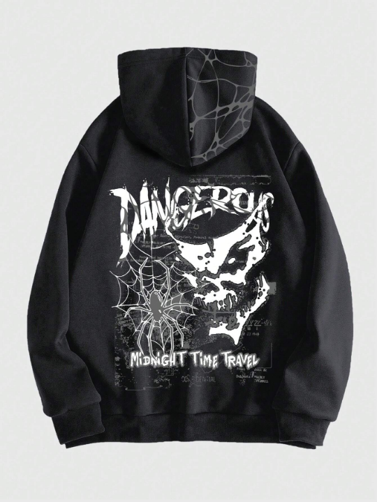ROMWE Grunge Punk Men's Spider & Letter Print Solid Color Hoodie With Fleece Lining