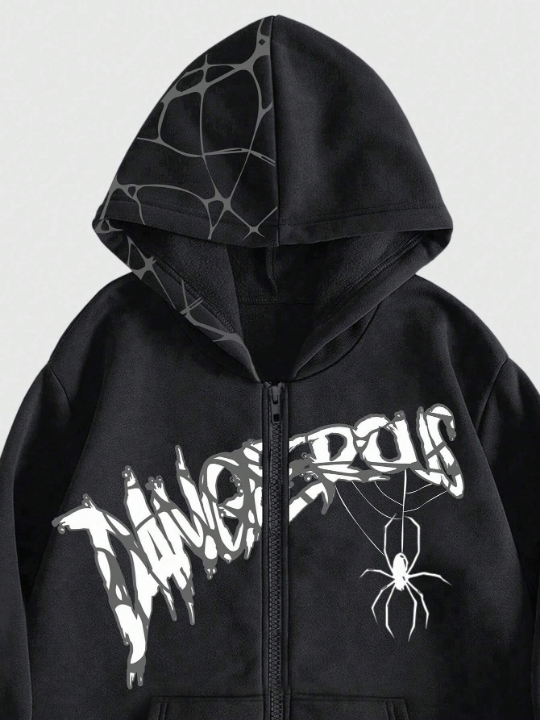 ROMWE Grunge Punk Men's Spider & Letter Print Solid Color Hoodie With Fleece Lining
